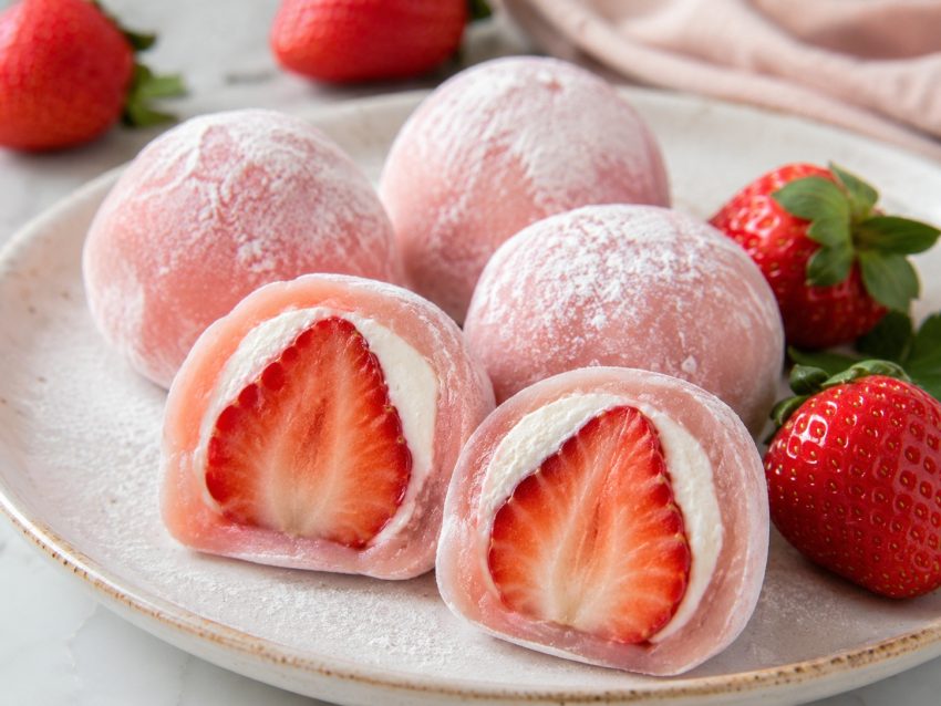 Mochi z truskawką i kremowym nadzieniem — delikatny japoński deser Różowe mochi z truskawką i kremowym nadzieniem na jasnym talerzu ze świeżymi owocami